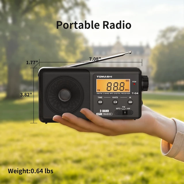 Alt view image 7 of 7 - Portable AM FM Radio, USB-C Rechargeable Auto Scan Radio Large tuning knob, clock display and Micro SD MP3 player. Speaker and headphone jack for home and outdoor use