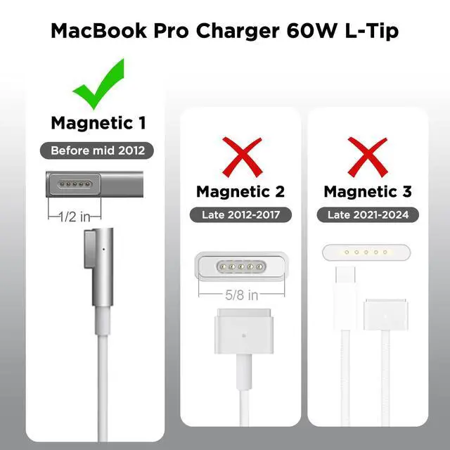 Alt view image 3 of 7 - 60W Charger for MacBook Pro60W Magnetic1 L-Tip Power Adapter Charger Replacement for MacBook Pro 13 inch (Before Mid 2012 Models)
