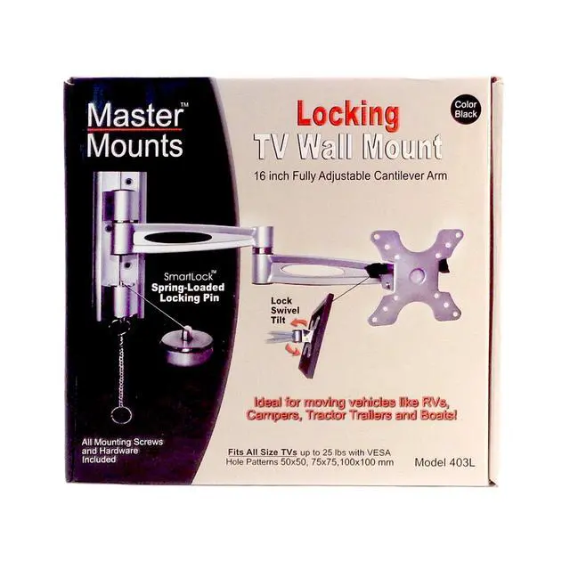 Alt view image 3 of 3 - 403L Locking TV Wall Mount Easy Chain Release, Full Motion | Dual Locking 16.5" Arm Stays in Place for TVs in moving RVs, Campers Trucks and Boats, Fits VESA 50X50, 75X75, 100x100-Black