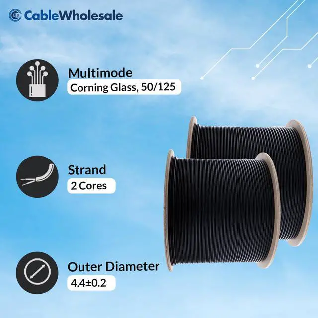 Alt view image 5 of 7 - 2 Strand Fiber Optic Cable, Multimode, Black, 1000ft Spool | Indoor/Outdoor; OM3 50/125 micron, 10Gbit, Riser rated, GR-409-CORE, UL