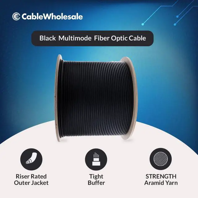 Alt view image 6 of 7 - 2 Strand Fiber Optic Cable, Multimode, Black, 1000ft Spool | Indoor/Outdoor; OM3 50/125 micron, 10Gbit, Riser rated, GR-409-CORE, UL