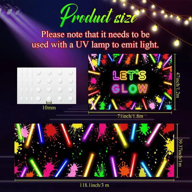 Alt view image 2 of 6 - Glow in The Dark Party Decoration Supply 2 Pcs 3.9x5.9 ft Neon Glow Party Backdrop 39x118 Light up Dance Floor Blacklight Rug Photo Booth Background for Bar Disco Birthday 70s 80s(Stick)