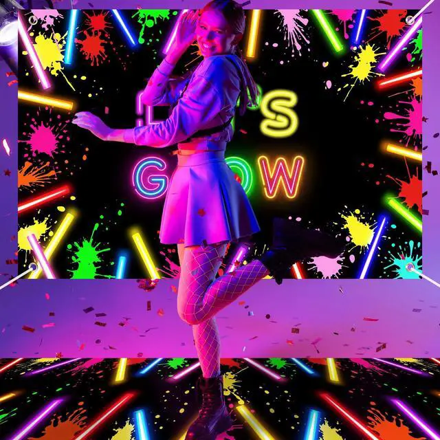 Alt view image 4 of 6 - Glow in The Dark Party Decoration Supply 2 Pcs 3.9x5.9 ft Neon Glow Party Backdrop 39x118 Light up Dance Floor Blacklight Rug Photo Booth Background for Bar Disco Birthday 70s 80s(Stick)