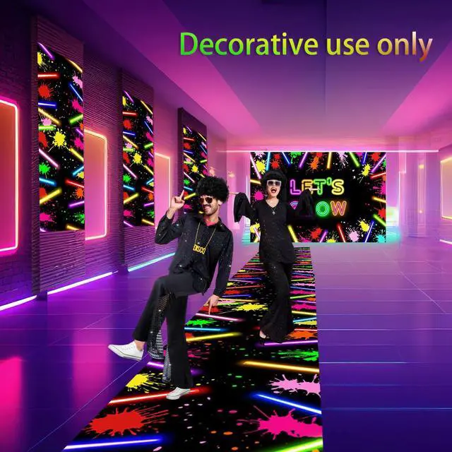 Alt view image 5 of 6 - Glow in The Dark Party Decoration Supply 2 Pcs 3.9x5.9 ft Neon Glow Party Backdrop 39x118 Light up Dance Floor Blacklight Rug Photo Booth Background for Bar Disco Birthday 70s 80s(Stick)