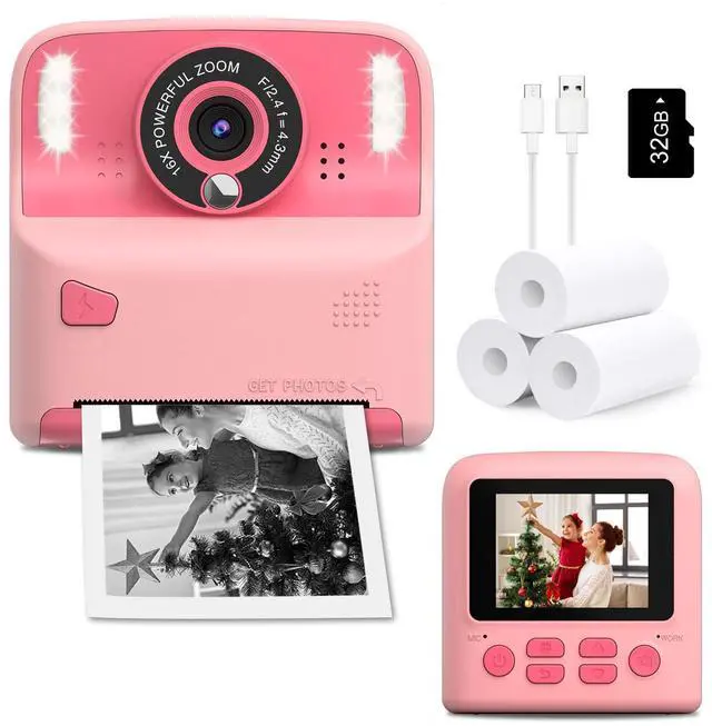 Main image of Kids Inkless Instant Print Camera, Birthday Gift for Boys & Girls | Perfect Travel Toy for Toddlers, Includes 32GB Card & 3 Thermal Paper Rolls for Capturing Memories on Family Trips (Pink)