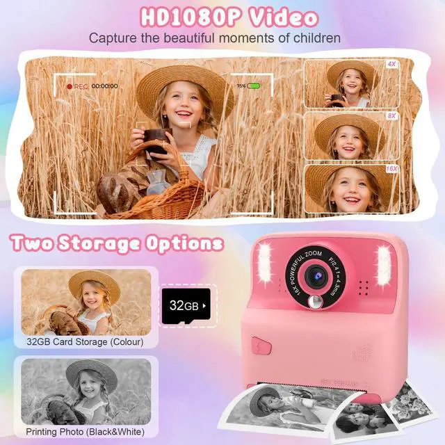 Alt view image 3 of 6 - Kids Inkless Instant Print Camera, Birthday Gift for Boys & Girls | Perfect Travel Toy for Toddlers, Includes 32GB Card & 3 Thermal Paper Rolls for Capturing Memories on Family Trips (Pink)