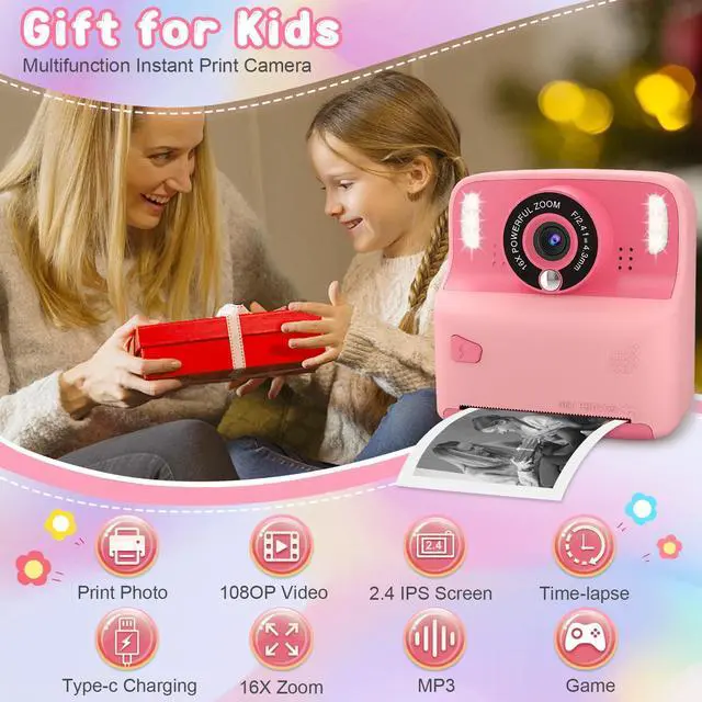 Alt view image 2 of 6 - Kids Inkless Instant Print Camera, Birthday Gift for Boys & Girls | Perfect Travel Toy for Toddlers, Includes 32GB Card & 3 Thermal Paper Rolls for Capturing Memories on Family Trips (Pink)