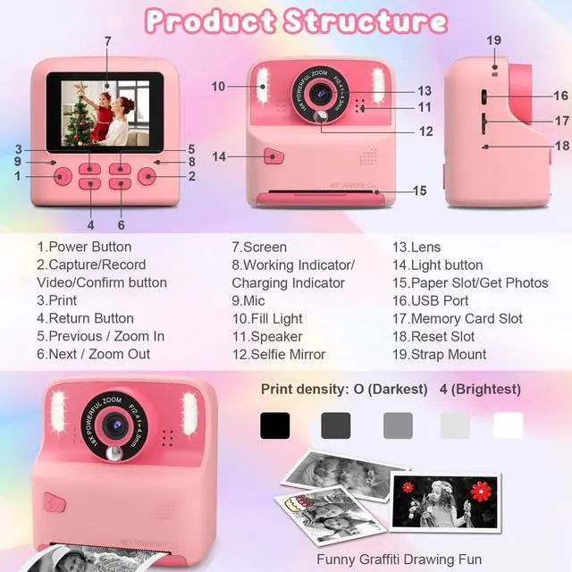 Alt view image 5 of 6 - Kids Inkless Instant Print Camera, Birthday Gift for Boys & Girls | Perfect Travel Toy for Toddlers, Includes 32GB Card & 3 Thermal Paper Rolls for Capturing Memories on Family Trips (Pink)