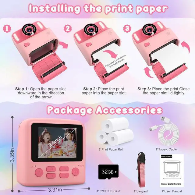 Alt view image 6 of 6 - Kids Inkless Instant Print Camera, Birthday Gift for Boys & Girls | Perfect Travel Toy for Toddlers, Includes 32GB Card & 3 Thermal Paper Rolls for Capturing Memories on Family Trips (Pink)