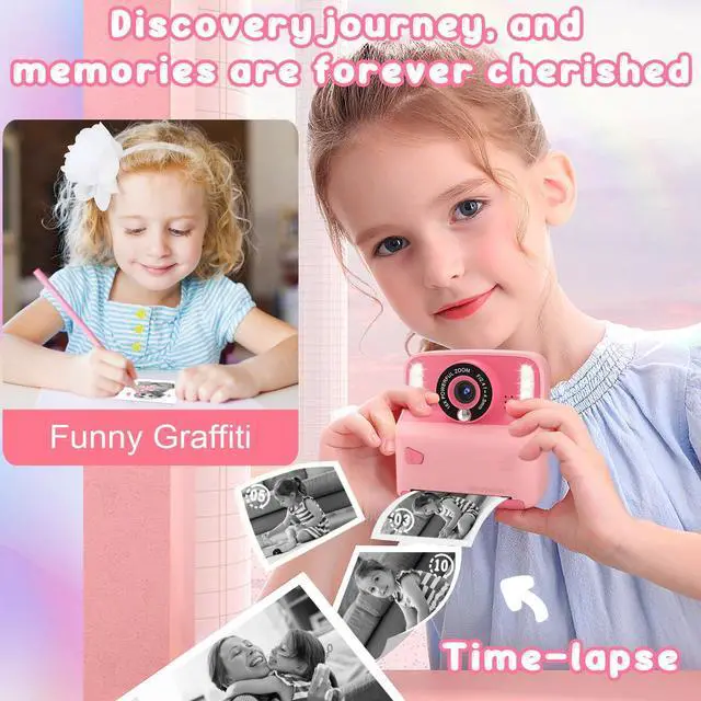 Alt view image 4 of 6 - Kids Inkless Instant Print Camera, Birthday Gift for Boys & Girls | Perfect Travel Toy for Toddlers, Includes 32GB Card & 3 Thermal Paper Rolls for Capturing Memories on Family Trips (Pink)
