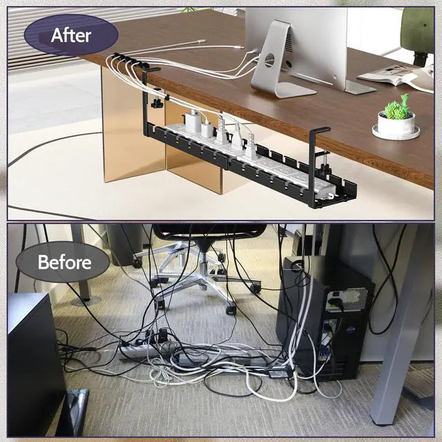 Alt view image 2 of 7 - Cable Management Under Desk, 15.7"-31" Retractable Cable Management Tray, No Drilling Cord Organizer with Clamp for Desk, Under Table Wire Management Tray for Home Office