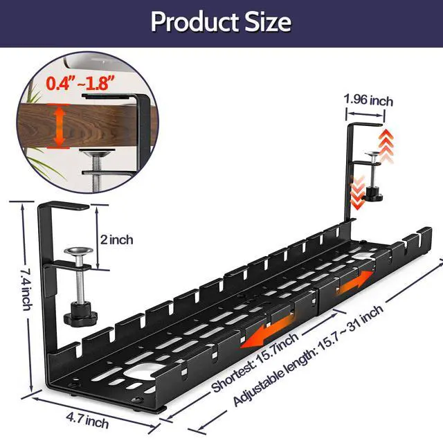 Alt view image 4 of 7 - Cable Management Under Desk, 15.7"-31" Retractable Cable Management Tray, No Drilling Cord Organizer with Clamp for Desk, Under Table Wire Management Tray for Home Office