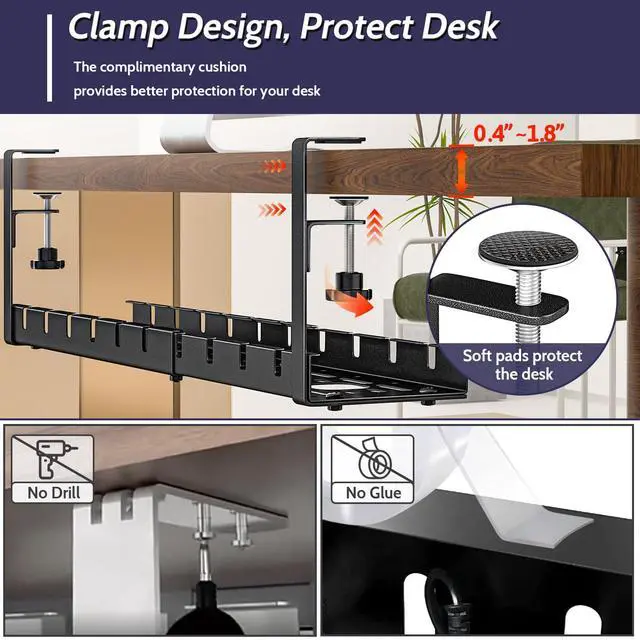 Alt view image 5 of 7 - Cable Management Under Desk, 15.7"-31" Retractable Cable Management Tray, No Drilling Cord Organizer with Clamp for Desk, Under Table Wire Management Tray for Home Office