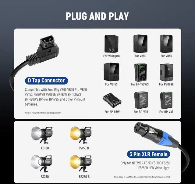 Alt view image 2 of 7 - D Tap Male to 3 Pin XLR Female Power Cable 6ft/1.8m for Continuous Video Lighting Power Supply by V Mount Batteries, Only FS150 FS150B FS230 FS230B LED Video Light, NC009