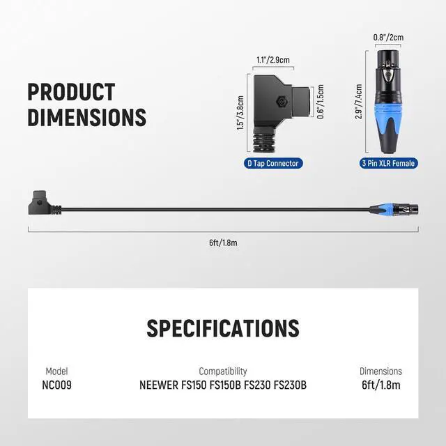 Alt view image 7 of 7 - D Tap Male to 3 Pin XLR Female Power Cable 6ft/1.8m for Continuous Video Lighting Power Supply by V Mount Batteries, Only FS150 FS150B FS230 FS230B LED Video Light, NC009