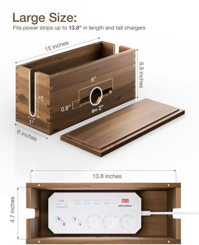 Alt view image 2 of 6 - Acacia Large Cable Management Box - 15" L Cord Box Hider, Power Strip Box for Office - Cable Hider Box, Surge Protector Box - Wire Box Hider for Desk - 3 Open Slots, Magnetic Lid (Walnut color)