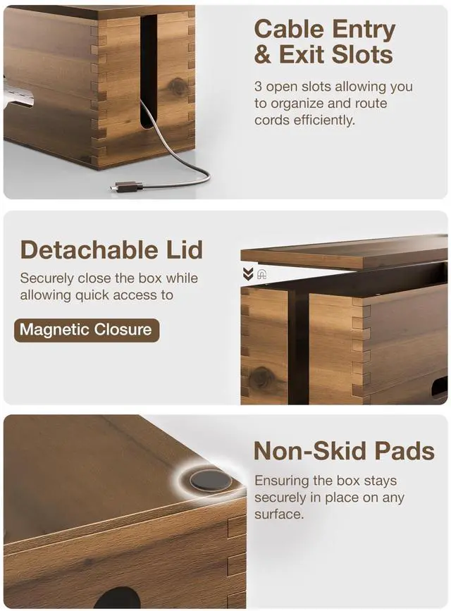Alt view image 3 of 6 - Acacia Large Cable Management Box - 15" L Cord Box Hider, Power Strip Box for Office - Cable Hider Box, Surge Protector Box - Wire Box Hider for Desk - 3 Open Slots, Magnetic Lid (Walnut color)