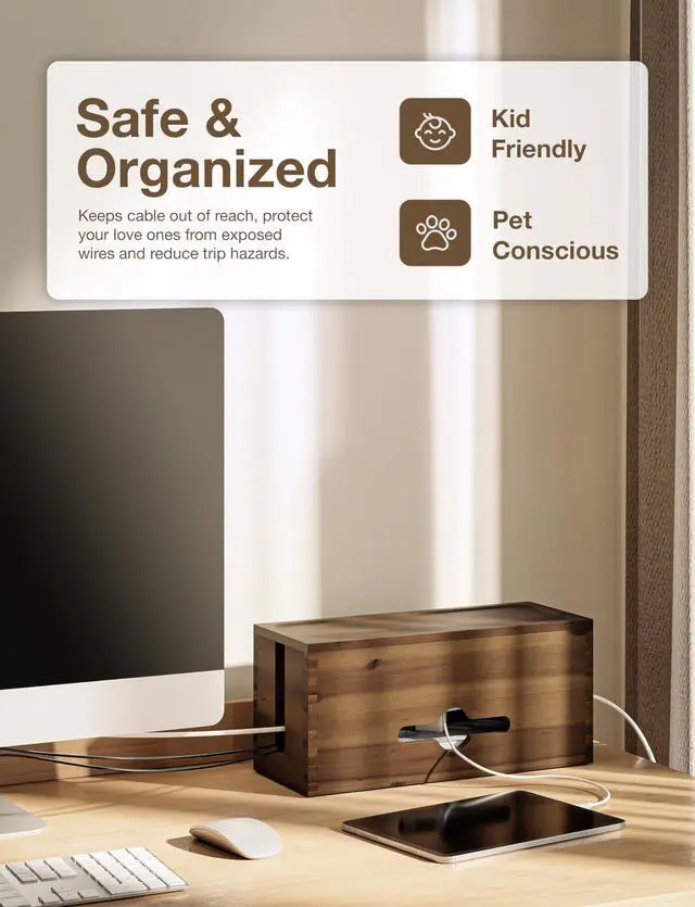 Alt view image 5 of 6 - Acacia Large Cable Management Box - 15" L Cord Box Hider, Power Strip Box for Office - Cable Hider Box, Surge Protector Box - Wire Box Hider for Desk - 3 Open Slots, Magnetic Lid (Walnut color)