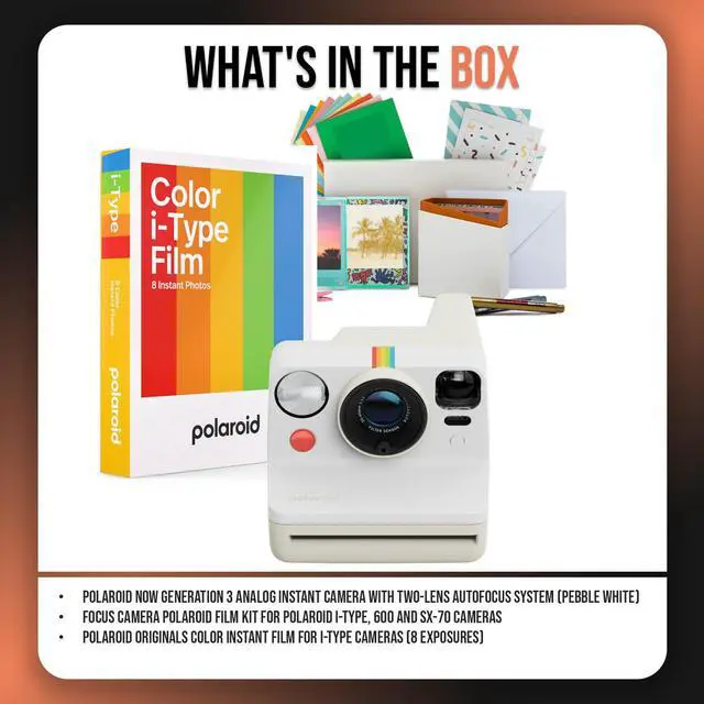 Alt view image 7 of 7 - Now Generation 3 Analog Instant Camera Bundle (Pebble White) | Originals Color Film 8 Exposures, Two-Lens Autofocus System, (3 items)