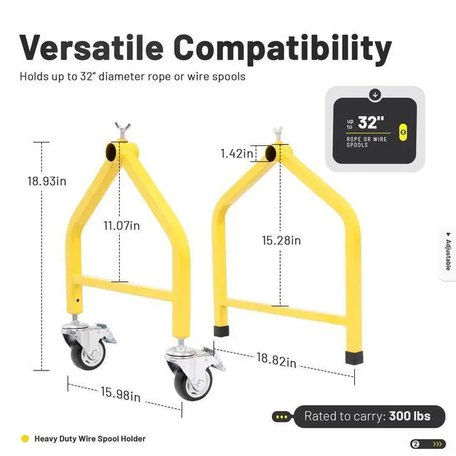 Alt view image 2 of 7 - 32" Wire Spool Rack, Portable Wire Reel Caddy, Removable Wheeled | Cable Dispenser, Steel Yellow Wire Pulling Rack with 300 lbs Capacity