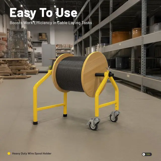 Alt view image 3 of 7 - 32" Wire Spool Rack, Portable Wire Reel Caddy, Removable Wheeled | Cable Dispenser, Steel Yellow Wire Pulling Rack with 300 lbs Capacity
