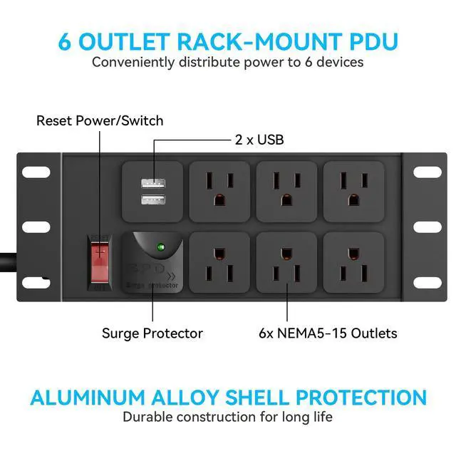 Alt view image 2 of 7 - 10" Rack PDU- 2U (6Outlets), 1020J Surge Protection,14AWG 6 FT Cable | Rack Power Strip(125V/15A)15A Overload Switch and 2 USB-A,for 10" Mini Server rack accessories,Network Cabinets/Rack/Self