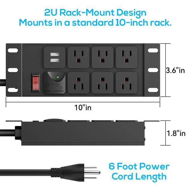 Alt view image 5 of 7 - 10" Rack PDU- 2U (6Outlets), 1020J Surge Protection,14AWG 6 FT Cable | Rack Power Strip(125V/15A)15A Overload Switch and 2 USB-A,for 10" Mini Server rack accessories,Network Cabinets/Rack/Self
