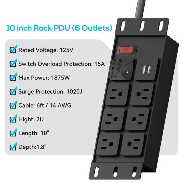 Alt view image 4 of 7 - 10" Rack PDU- 2U (6Outlets), 1020J Surge Protection,14AWG 6 FT Cable | Rack Power Strip(125V/15A)15A Overload Switch and 2 USB-A,for 10" Mini Server rack accessories,Network Cabinets/Rack/Self