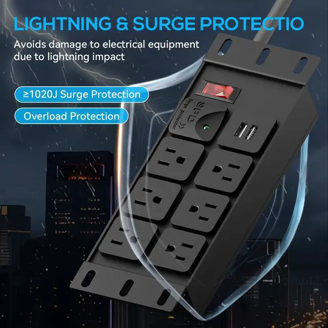 Alt view image 3 of 7 - 10" Rack PDU- 2U (6Outlets), 1020J Surge Protection,14AWG 6 FT Cable | Rack Power Strip(125V/15A)15A Overload Switch and 2 USB-A,for 10" Mini Server rack accessories,Network Cabinets/Rack/Self