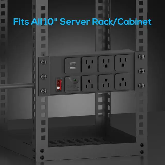 Alt view image 7 of 7 - 10" Rack PDU- 2U (6Outlets), 1020J Surge Protection,14AWG 6 FT Cable | Rack Power Strip(125V/15A)15A Overload Switch and 2 USB-A,for 10" Mini Server rack accessories,Network Cabinets/Rack/Self