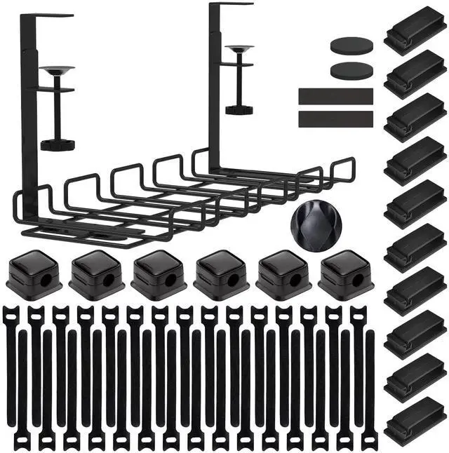 Main image of Under Desk Cable Management Tray with 52Pcs Different Essential Accessories | No Drill Steel Cord Organizer Kit for Home Office Standing Desk (15.7/13.4inch, Black)