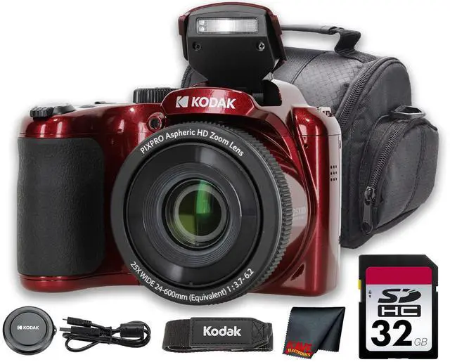 Main image of PIXPRO AZ255 Digital Camera (Red) | 16MP Sensor, 25x Optical Zoom, 24mm Wide-Angle Lens & Optical Image Stabilization | Great for Travel & Distance Photos (AZ255RD) + 32GB Card + Bag + Cloth