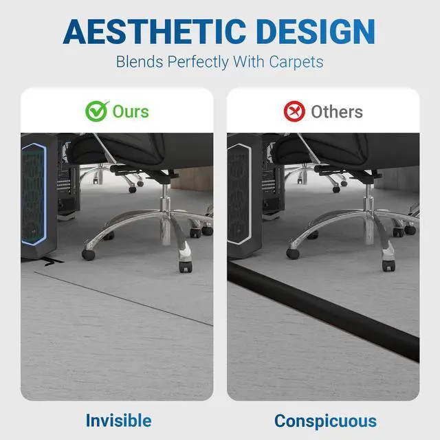 Alt view image 4 of 7 - Floor Cord Cover,63.2Carpet Felt Cable Cover,2 Channels,Grey | Extension Cord Hider With Velcro/3M Tape,Low Profile Cable Management For Office,Exhibitions,Home