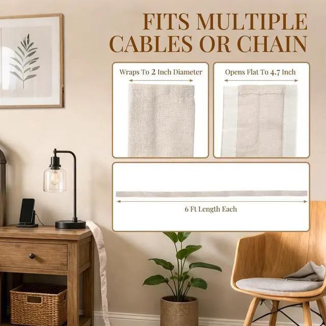Alt view image 2 of 7 - 2-Pack 6FT Linen Fabric Cord Covers for Chandelier Chains & Wires | Soft Hook-and-loop Cable Sleeves Conceal TV, Audio, Computer and Wall Cords for A Cleaner Home Décor Setup