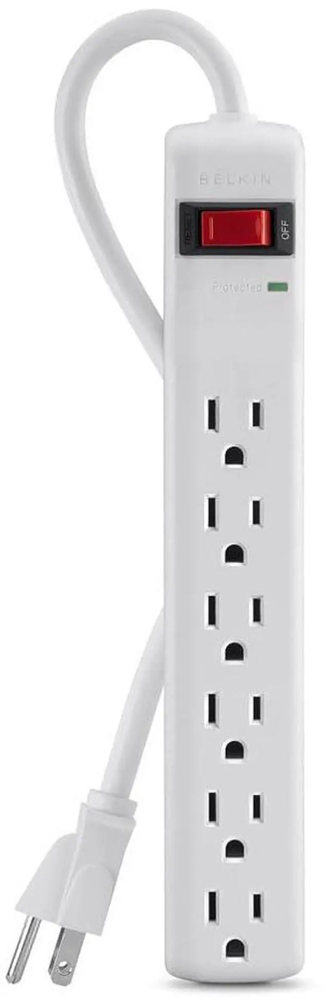 Main image of 6-Outlet Power Strip Surge Protector with 3-Foot Power Cord, 300 Joules (F5C047),White |, compact straight plug, home office, desktop computer, small appliances, travel