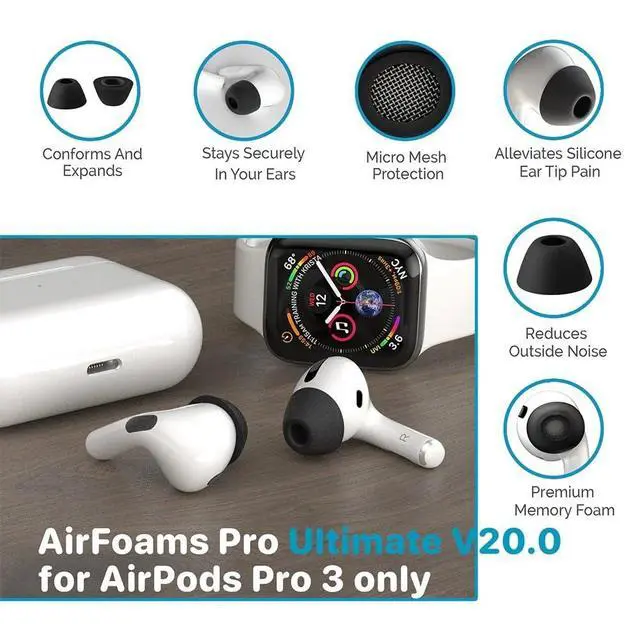 Alt view image 7 of 7 - AirFoams Pro Ultimate V20.0 Memory Foam Ear Tips for AirPods Pro 3 Anti Slip, All Day Comfort, Stays Secure in Ear, Better Sound, Noise Cancelling (3 Pairs Included - S/M/L)