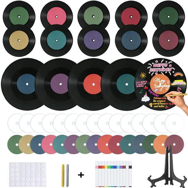 Main image of 5 12 Inch & 10 7 Inch Vinyl Records Decor Set, Double-Sided Blank Records with 14 Pens, 30 Labels, Triple Display Methods, Popular Vinyl Records for Birthday Guestbook Party Decor