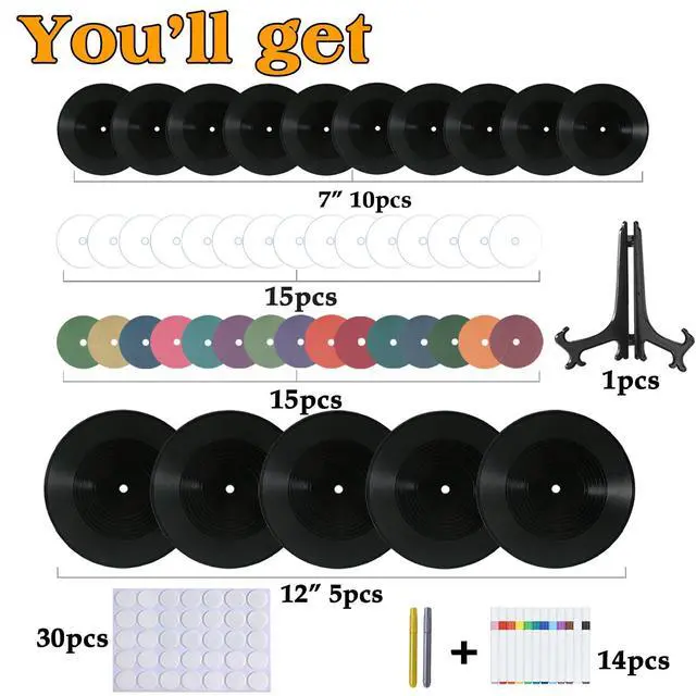 Alt view image 3 of 7 - 5 12 Inch & 10 7 Inch Vinyl Records Decor Set, Double-Sided Blank Records with 14 Pens, 30 Labels, Triple Display Methods, Popular Vinyl Records for Birthday Guestbook Party Decor