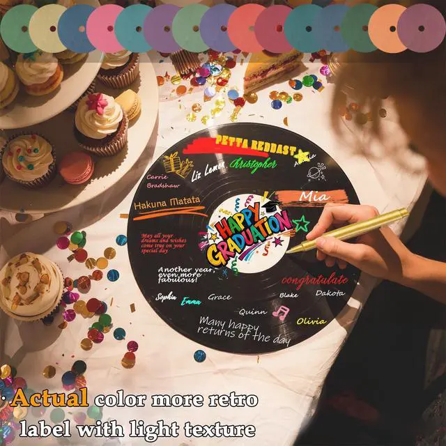 Alt view image 5 of 7 - 5 12 Inch & 10 7 Inch Vinyl Records Decor Set, Double-Sided Blank Records with 14 Pens, 30 Labels, Triple Display Methods, Popular Vinyl Records for Birthday Guestbook Party Decor