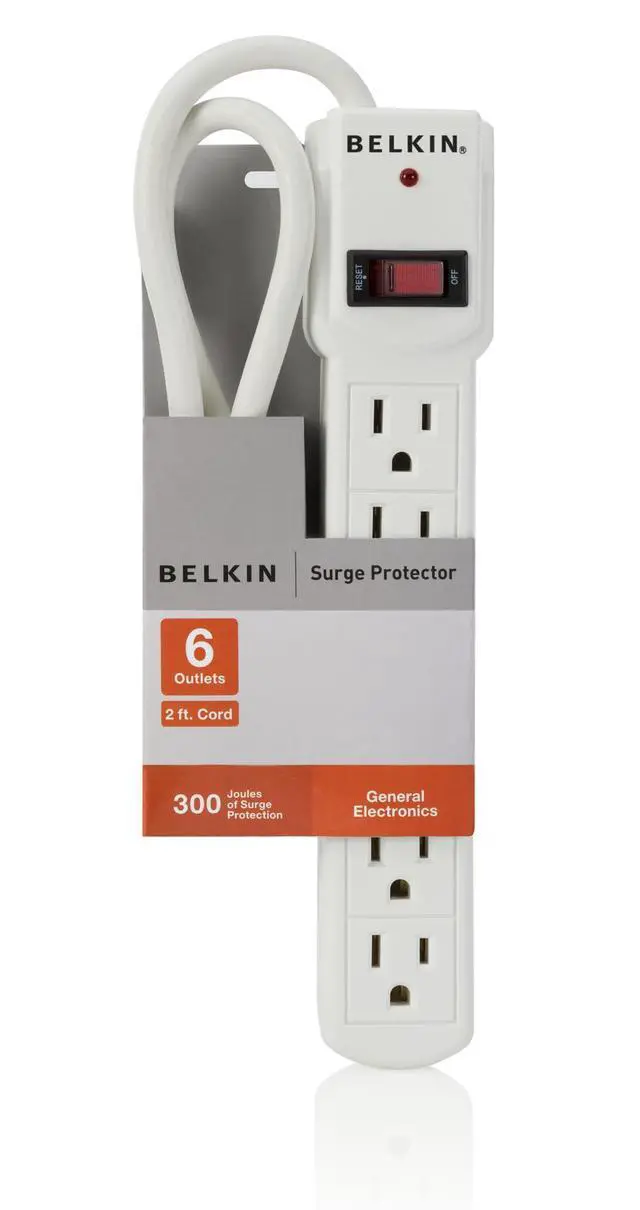 Alt view image 4 of 4 - 6-Outlet Power Strip Surge Protector with 3-Foot Power Cord, 300 Joules (F5C047),White |, compact straight plug, home office, desktop computer, small appliances, travel