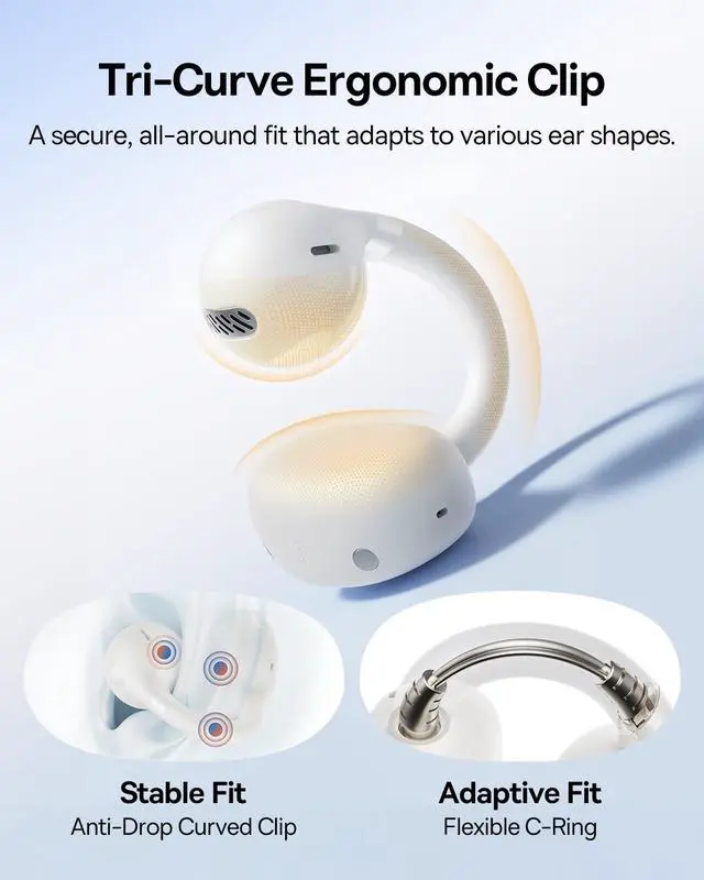 Alt view image 3 of 7 - Bass BC1 Open Ear Earbuds Clip-On Headphones, Open-Ring Comfort with Tri-Curve Snug Clip, Powerful Sound with SuperBass, 4-Mic Clear Calls, IP55 Waterproof, 38H Playtime, Lightweight