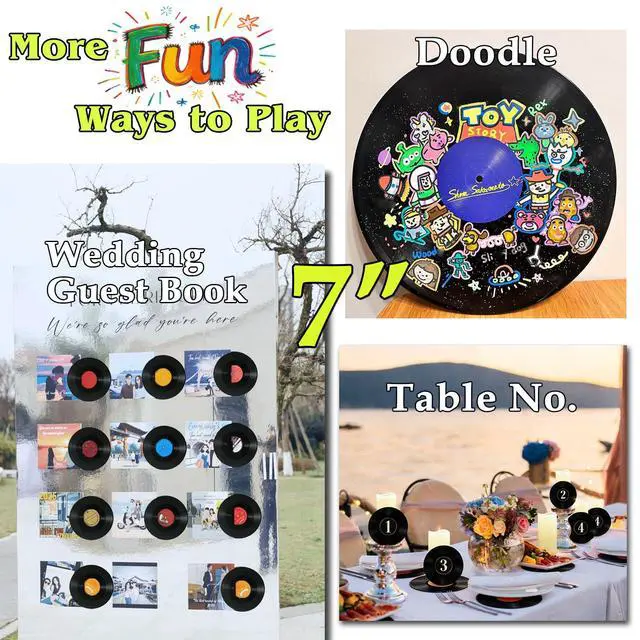 Alt view image 7 of 7 - 5 12 Inch & 10 7 Inch Vinyl Records Decor Set, Double-Sided Blank Records with 14 Pens, 30 Labels, Triple Display Methods, Popular Vinyl Records for Birthday Guestbook Party Decor