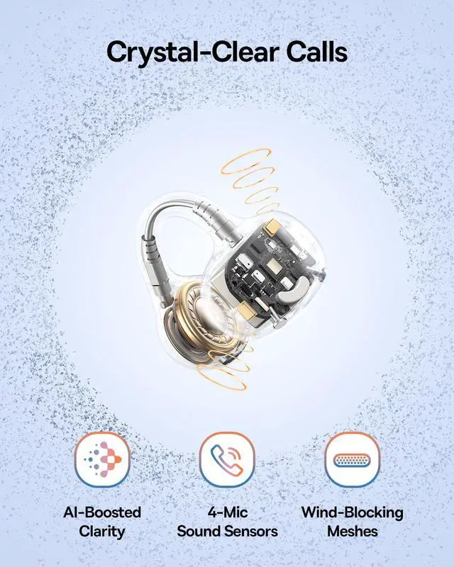 Alt view image 6 of 7 - Bass BC1 Open Ear Earbuds Clip-On Headphones, Open-Ring Comfort with Tri-Curve Snug Clip, Powerful Sound with SuperBass, 4-Mic Clear Calls, IP55 Waterproof, 38H Playtime, Lightweight