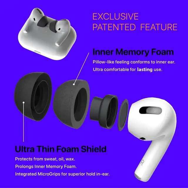 Alt view image 2 of 7 - AirFoams Pro Ultra V5.0 Memory Foam Ear Tips for AirPods Pro 1 & 2 Black Color, Anti Slip, Better All Day Comfort, Don't Fall Out, Noise Cancelling, Better Sound (3 Pairs-S/M/L)