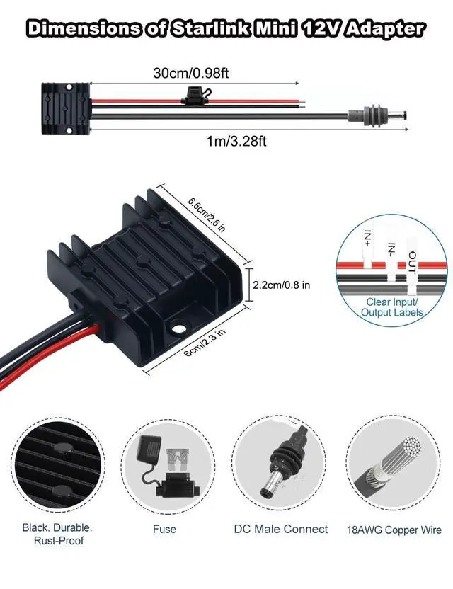 Alt view image 3 of 7 - Starlink Mini 12V Power Supply, 30V 3.5A Step Up, Waterproof for RV Marine | 9-28V DC boost to 105W,IP68 sealed, male plug,Off-grid, truck & outdoor ready