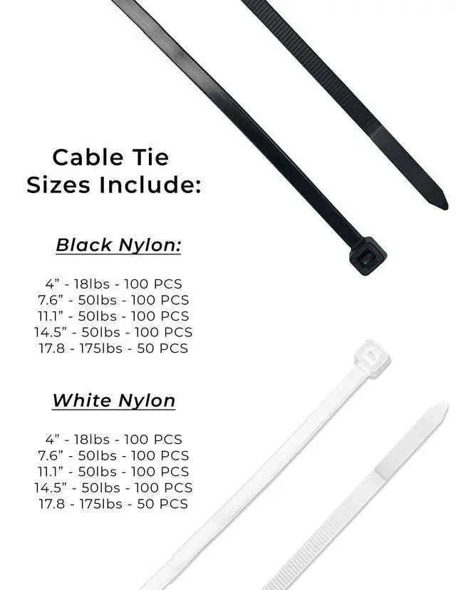 Alt view image 4 of 5 - Nylon Cable Zip Ties UV Resistant Black & White Nylon Assortment Kit - 901 PCS