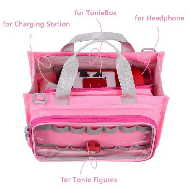 Alt view image 2 of 7 - Pink Storage Bag for Toniebox 1&2 Starter Set, Figures & Accessories | Carrying Bag for Toniebox 2, multi-compartment layout, adjustable shoulder strap, double zippers, lightweight portable design
