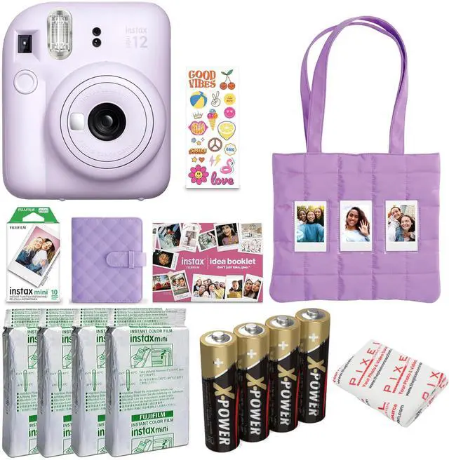 Main image of instax mini 12 Instant Film Camera Holiday Bundle (Lilac Purple) with 4 x Instax Mini Instant Film - Foil Pack, Self Adhesive Cloth, and Ansmann X-Power AA 4-Pack Battery