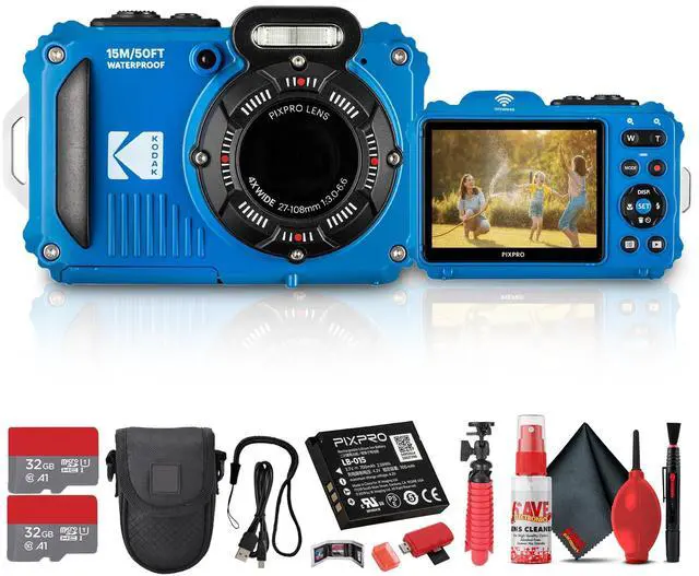 Main image of PIXPRO WPZ2 Digital Camera (Blue) | Waterproof, Shockproof & Dustproof Camera with 16MP Sensor, 1080p Video & 4X Optical Zoom | Travel & Outdoor use + 2X 32GB Card + Vlogger Tripod + Bag + More