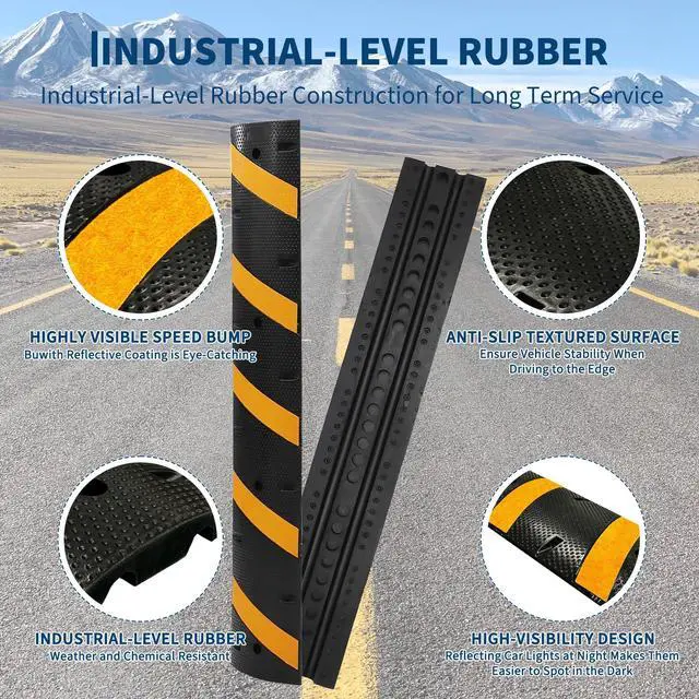 Alt view image 7 of 7 - 3 Pack 6FT Speed Bumps for Road, Heavy Duty 25,000 Lbs Capacity Traffic Rubber Speed Humps with 2 Channel Floor Cord Cover for Asphalt Concrete Gravel Cable Protector Ramp